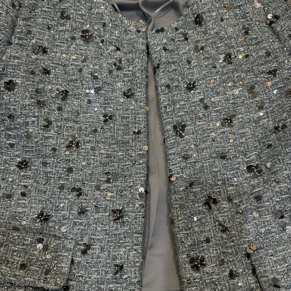 Zara Silver-Gray Embellished Tweed Cropped Jacket - Picture 2 of 3